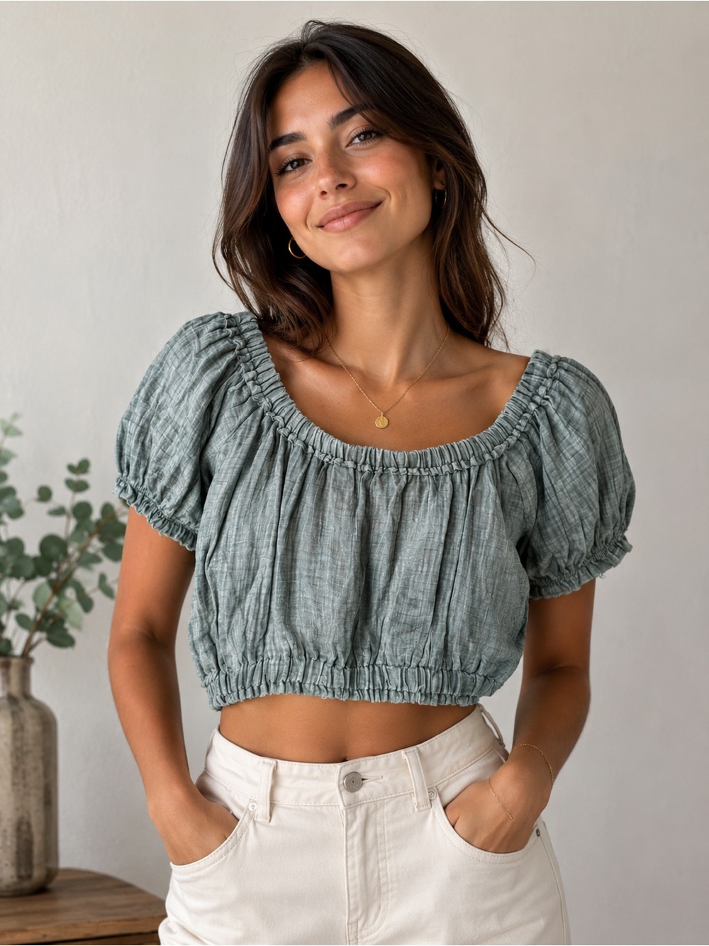 KIWI + PUNCH Top Women’s L Green Off Shoulder Crop Puff Sleeve Smocked Boho NWT